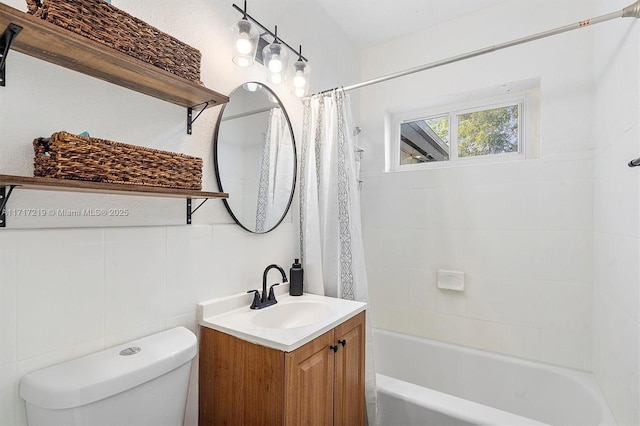 full bathroom featuring tasteful backsplash, vanity, shower / tub combo with curtain, tile walls, and toilet