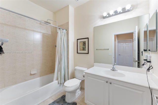 full bathroom with tile patterned floors, vanity, shower / tub combo, and toilet