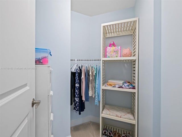 walk in closet with carpet flooring