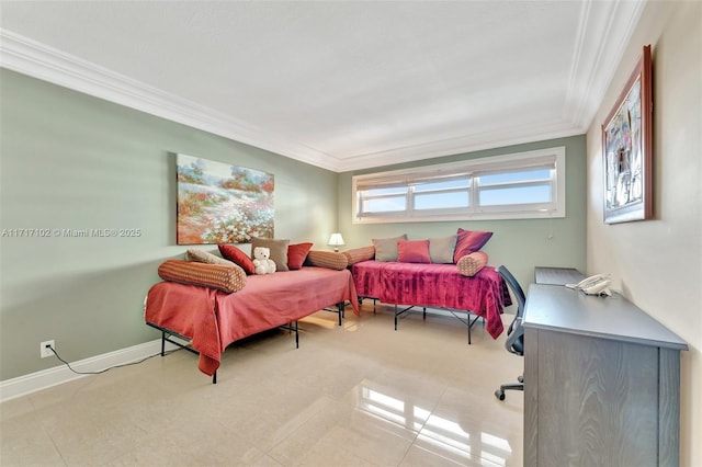 tiled bedroom featuring ornamental molding