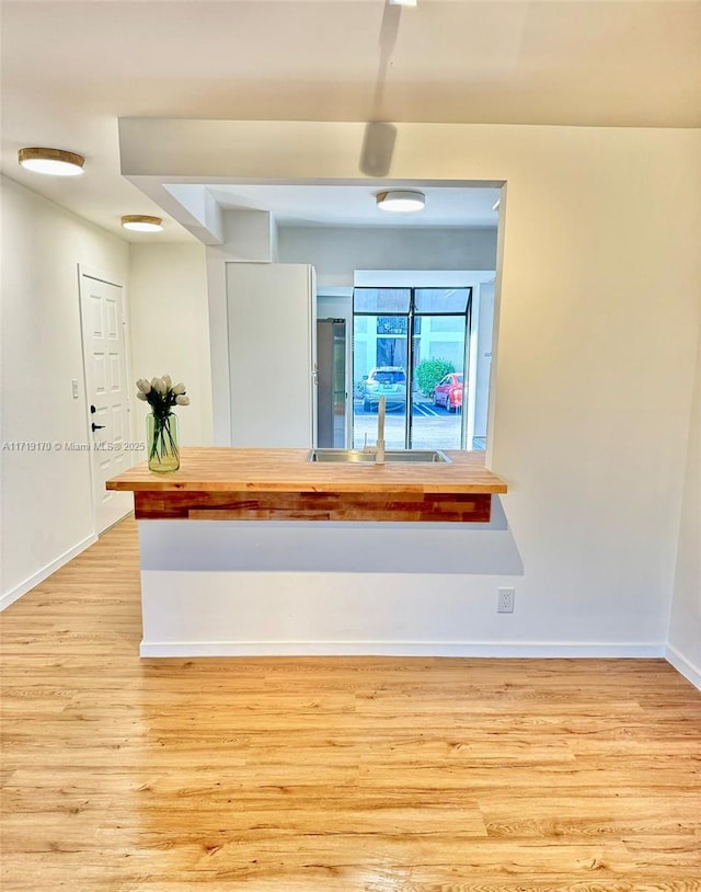 interior space featuring light hardwood / wood-style floors and butcher block countertops