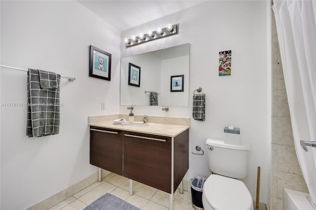 full bathroom with tile patterned floors, vanity, shower / tub combo, and toilet