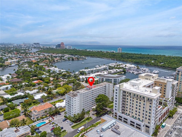 aerial view featuring a water view