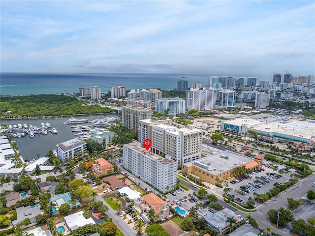 drone / aerial view featuring a water view