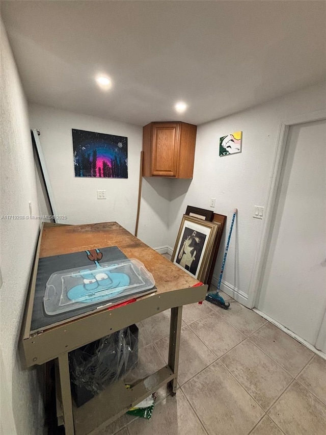 playroom with recessed lighting, light tile patterned flooring, and baseboards