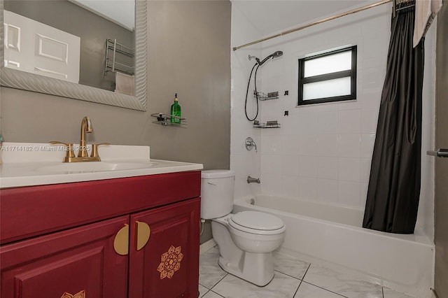 full bathroom with shower / bath combination with curtain, vanity, and toilet