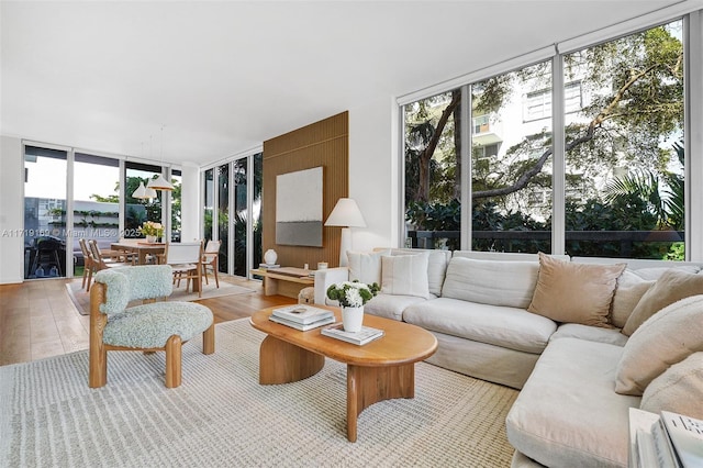 living room with a wall of windows and light wood-type flooring