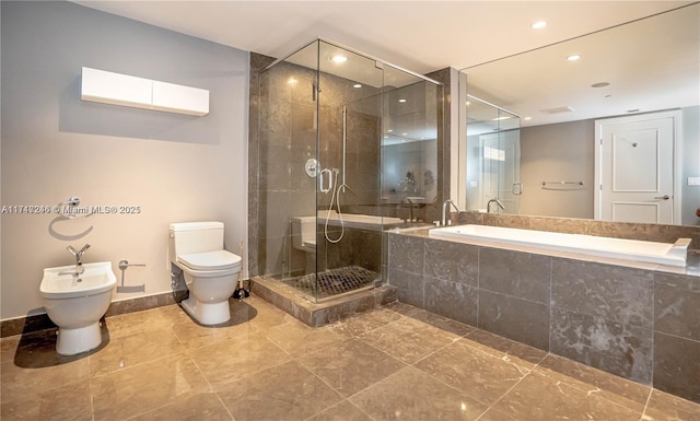 495 Brickell Ave Unit 2301, Miami, FL 33131 - bathroom with toilet, a shower stall, a bidet, recessed lighting, and baseboards