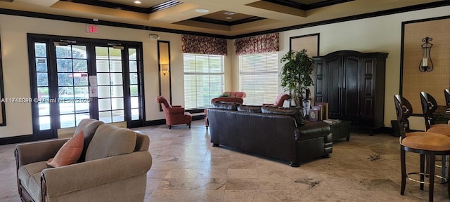 living room with beam ceiling, crown molding, french doors, and coffered ceiling