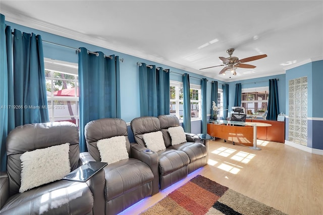 living room featuring ceiling fan, wood-type flooring, and crown molding