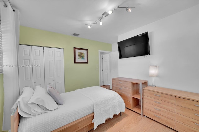 bedroom featuring wood-type flooring and a closet