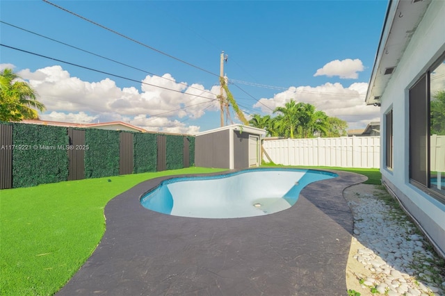 view of pool with a fenced in pool, an outbuilding, a fenced backyard, and a shed