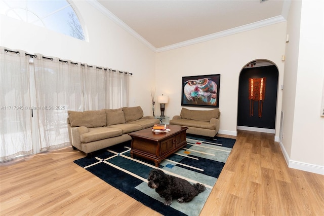 13080 NW 8th Ct, Sunrise, FL 33325 - living room featuring wood finished floors, arched walkways, ornamental molding, and vaulted ceiling