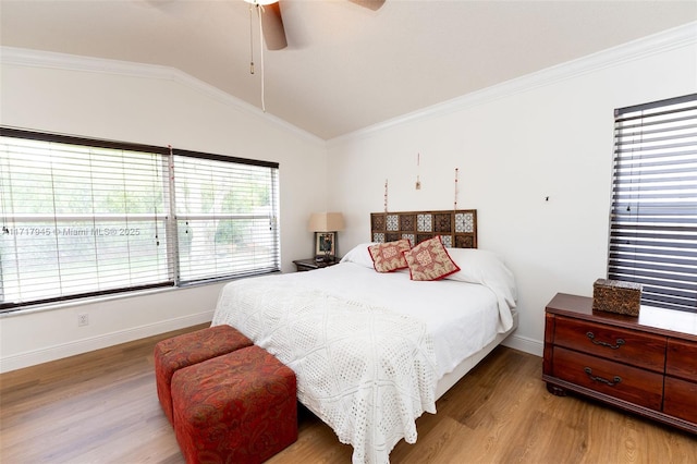 13080 NW 8th Ct, Sunrise, FL 33325 - bedroom featuring light wood-style flooring, vaulted ceiling, ornamental molding, and a ceiling fan