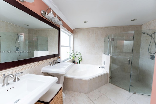13080 NW 8th Ct, Sunrise, FL 33325 - full bathroom featuring a stall shower, a bath, tile patterned floors, and crown molding