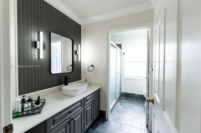 13080 NW 8th Ct, Sunrise, FL 33325 - full bathroom with ornamental molding, vanity, and a shower stall