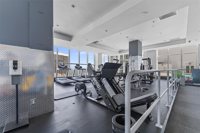 gym featuring floor to ceiling windows and a tray ceiling