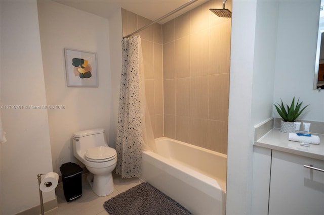 bathroom with tile patterned flooring, shower / bath combination with curtain, and toilet