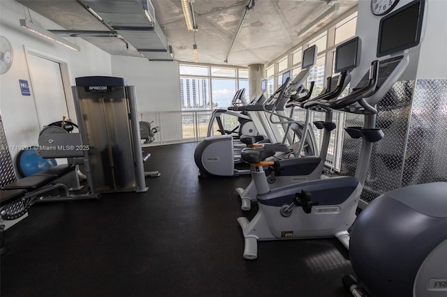 exercise room featuring floor to ceiling windows