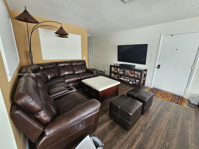 living room with a textured ceiling and dark wood-type flooring