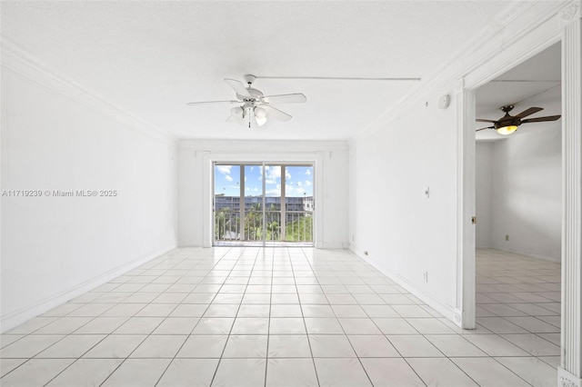 unfurnished room with light tile patterned floors, crown molding, a textured ceiling, and ceiling fan