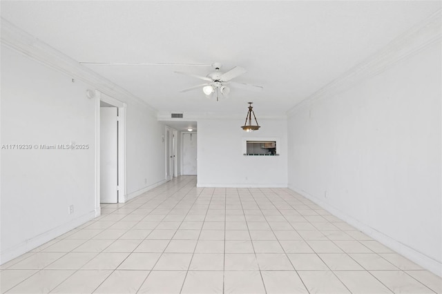 unfurnished living room with crown molding and ceiling fan