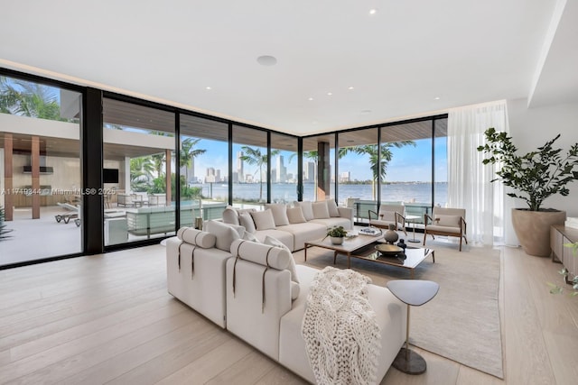 living room with expansive windows and light hardwood / wood-style flooring