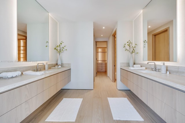 bathroom with hardwood / wood-style floors and vanity