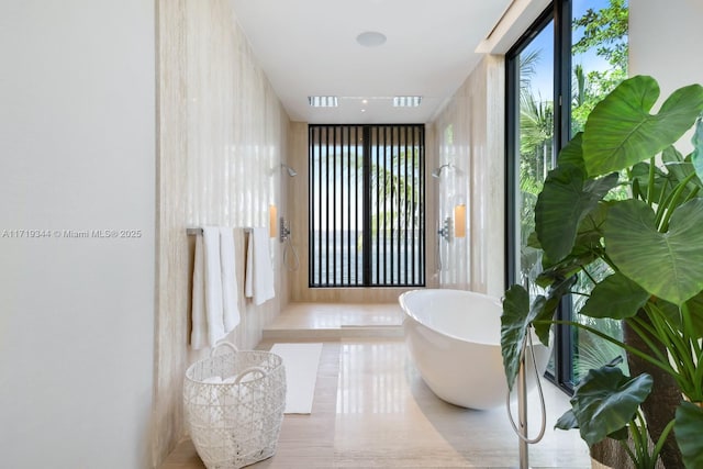 bathroom with floor to ceiling windows and a bathing tub