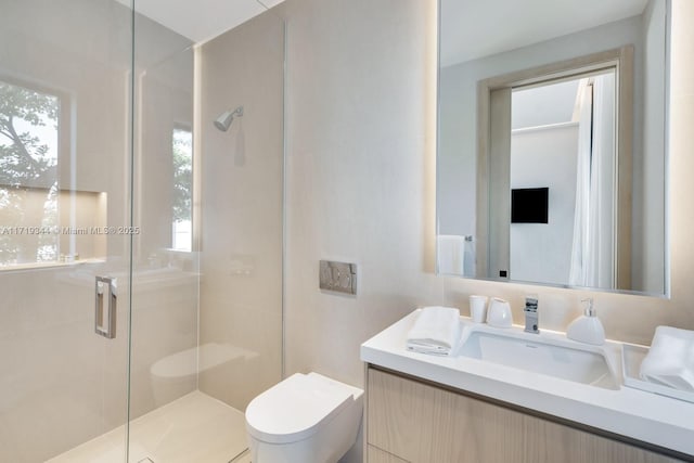 bathroom featuring vanity, toilet, walk in shower, and tile walls