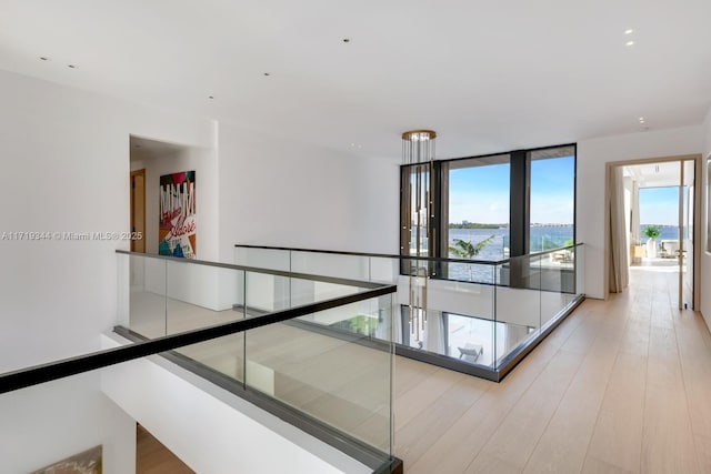 hall featuring light wood-type flooring and floor to ceiling windows