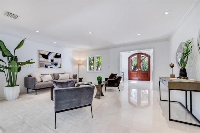 living room with french doors and crown molding