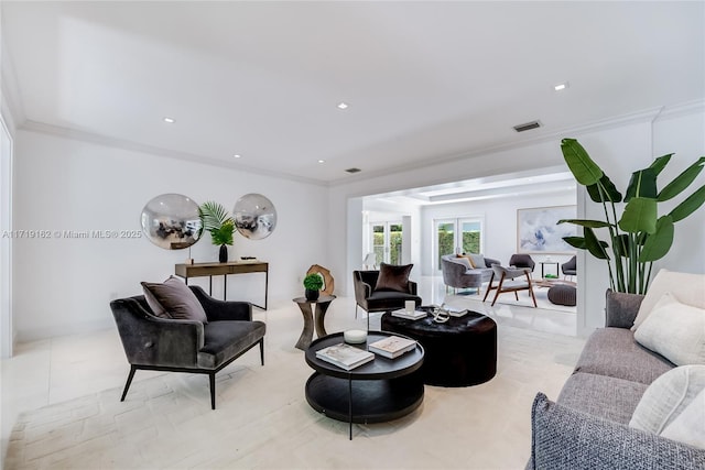 living room featuring ornamental molding