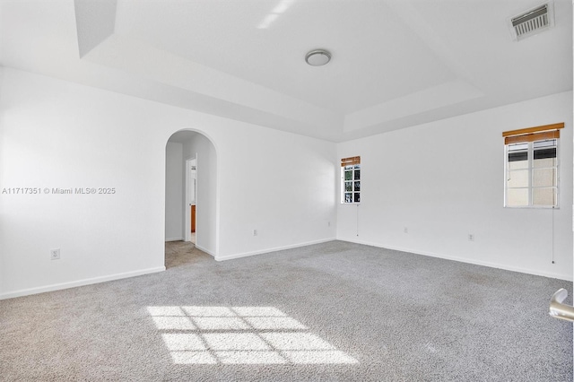 spare room with carpet and a tray ceiling