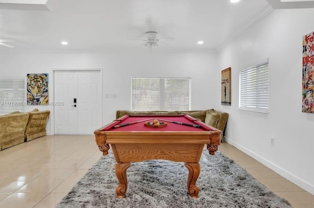 recreation room with a wealth of natural light, ceiling fan, crown molding, and billiards