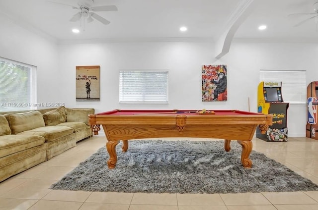 playroom featuring ceiling fan, light tile patterned floors, crown molding, and pool table