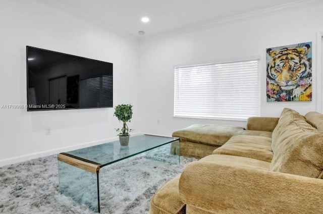 living room with ornamental molding