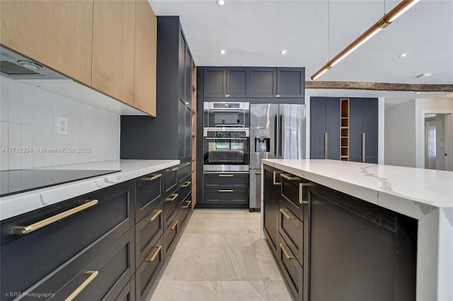 kitchen with appliances with stainless steel finishes, backsplash, light stone counters, ventilation hood, and beam ceiling