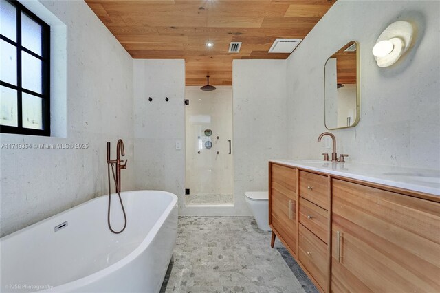 full bathroom featuring independent shower and bath, vanity, wooden ceiling, and toilet