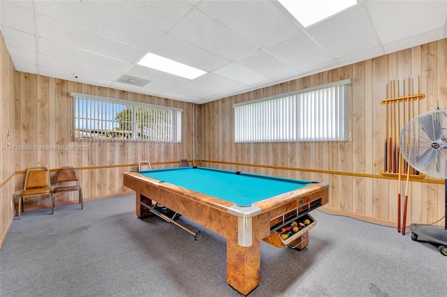 game room featuring a paneled ceiling, carpet flooring, and pool table