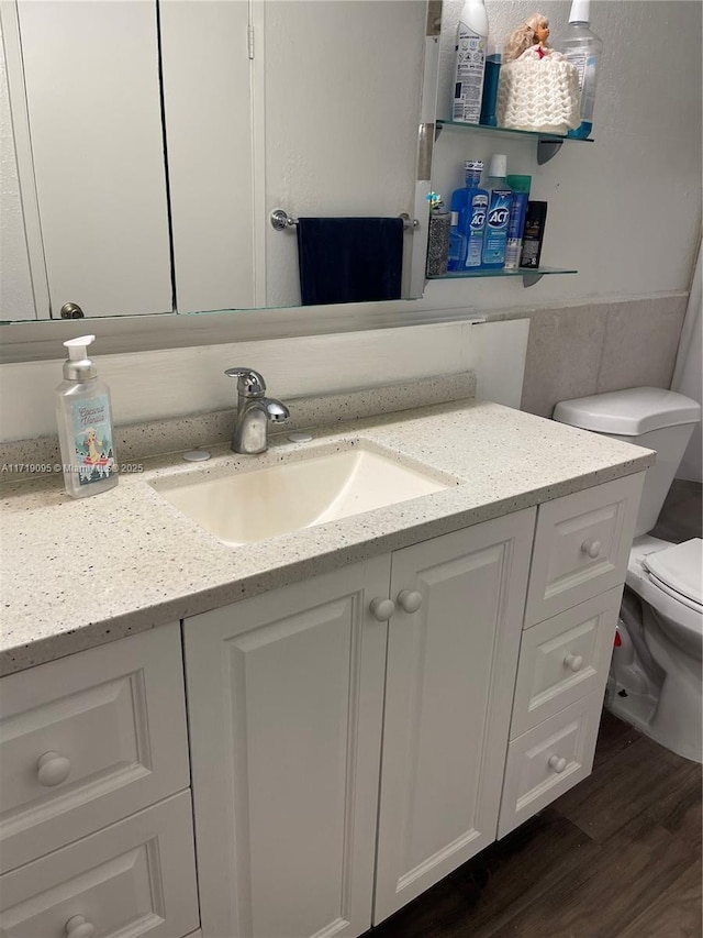 bathroom featuring toilet, vanity, and hardwood / wood-style flooring