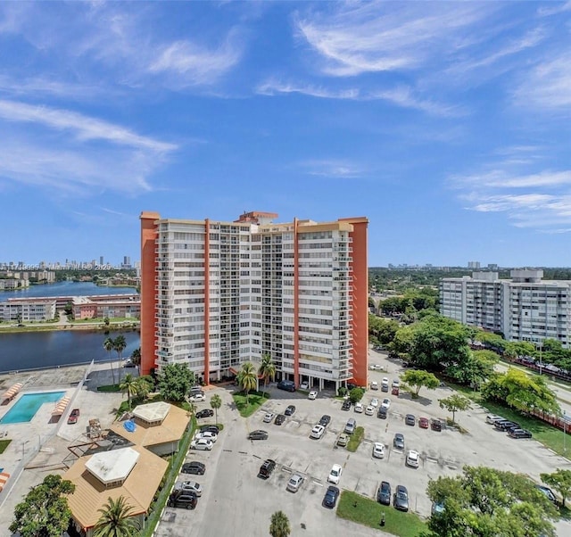 view of building exterior with a water view