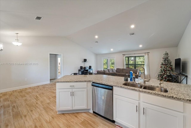 kitchen with white cabinetry, dishwasher, sink, light hardwood / wood-style floors, and lofted ceiling