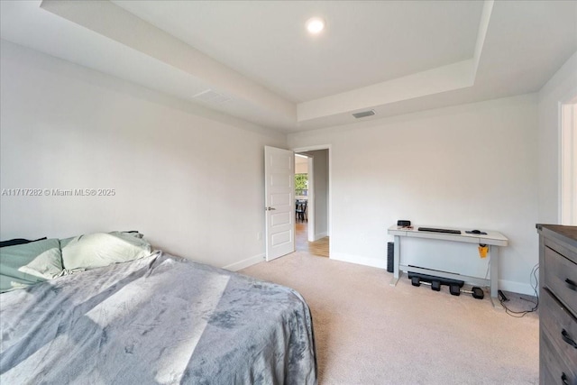 carpeted bedroom with a tray ceiling