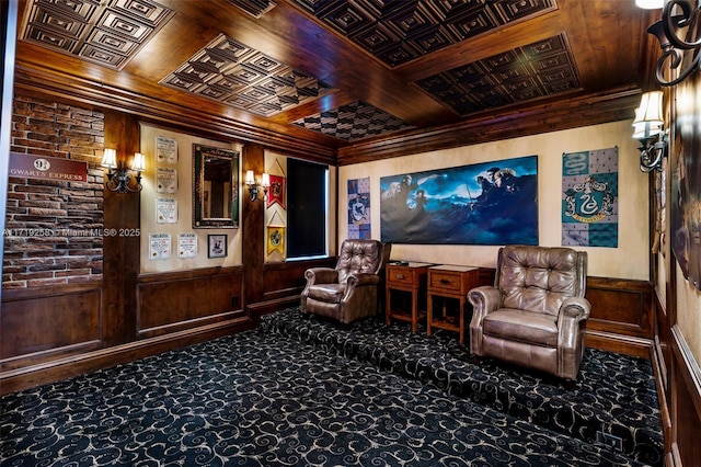 carpeted cinema with crown molding, wood ceiling, and coffered ceiling