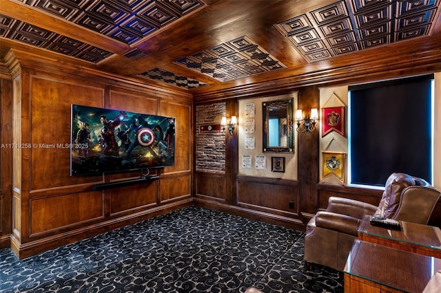 cinema room featuring wooden ceiling, wooden walls, and coffered ceiling