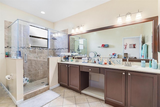 bathroom with tile patterned floors, vanity, and an enclosed shower