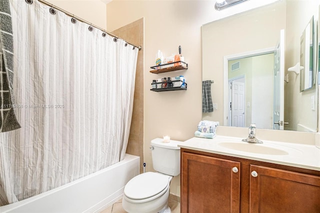 full bathroom featuring tile patterned flooring, vanity, shower / bath combination with curtain, and toilet