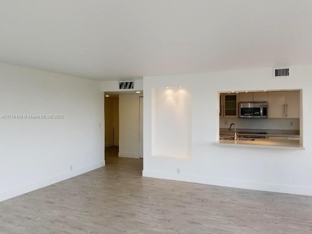 unfurnished living room with sink and light hardwood / wood-style flooring