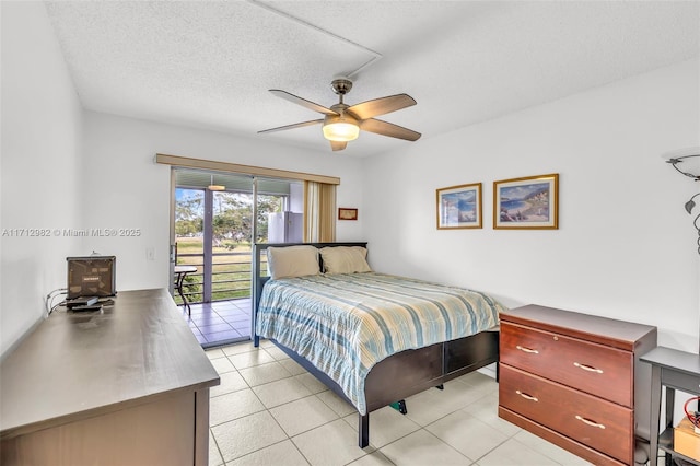 bedroom featuring light tile patterned floors, a textured ceiling, access to outside, and ceiling fan